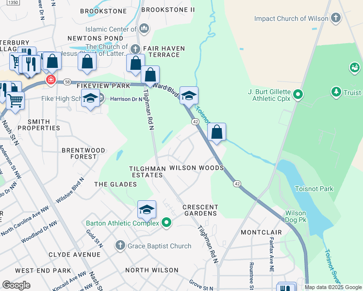 map of restaurants, bars, coffee shops, grocery stores, and more near 1709 Vineyard Drive North in Wilson