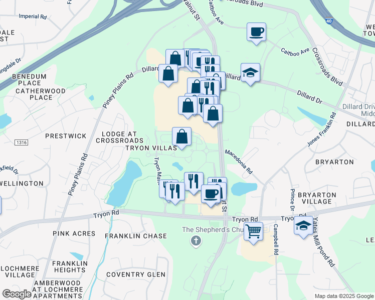 map of restaurants, bars, coffee shops, grocery stores, and more near 6303 Village Cross Way in Cary