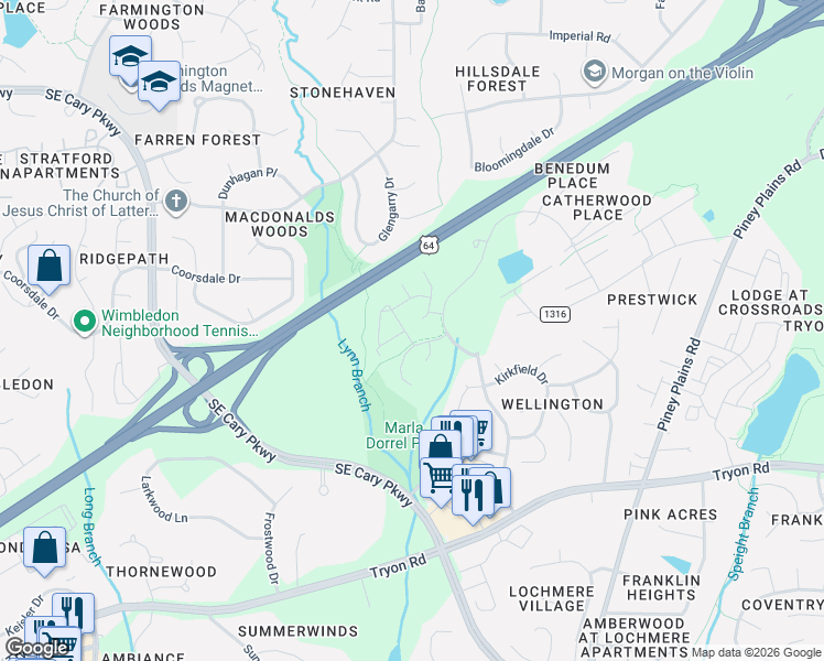 map of restaurants, bars, coffee shops, grocery stores, and more near 722 Renshaw Court in Cary