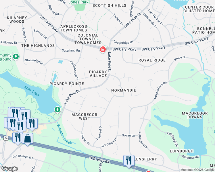 map of restaurants, bars, coffee shops, grocery stores, and more near 104 South Devimy Court in Cary