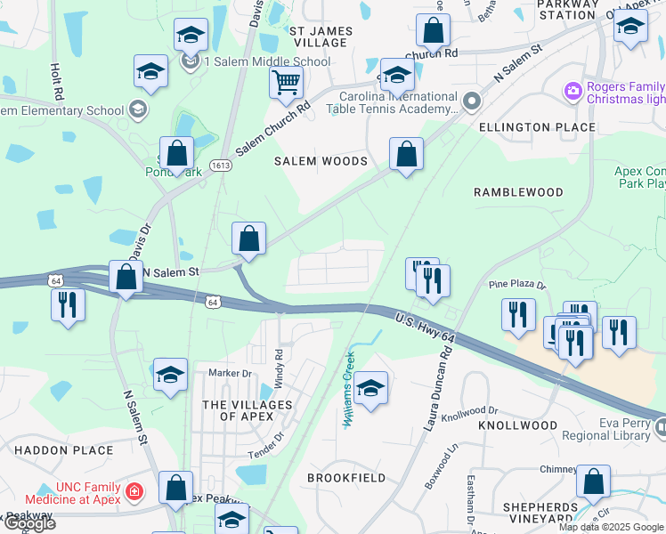 map of restaurants, bars, coffee shops, grocery stores, and more near 801 Grafton Peak Lane in Apex