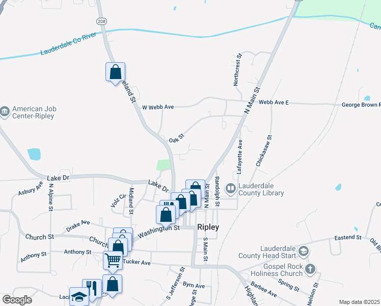map of restaurants, bars, coffee shops, grocery stores, and more near 172 Oak Street in Ripley