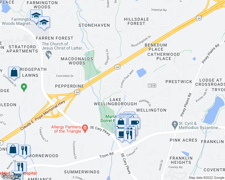 map of restaurants, bars, coffee shops, grocery stores, and more near 2212 Wellington Ridge Loop in Cary