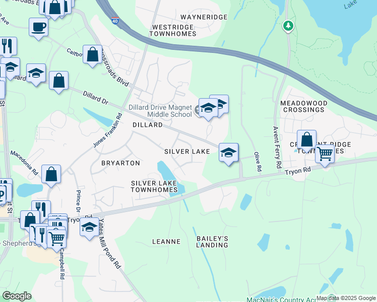 map of restaurants, bars, coffee shops, grocery stores, and more near 5115 Olivias Lane in Raleigh