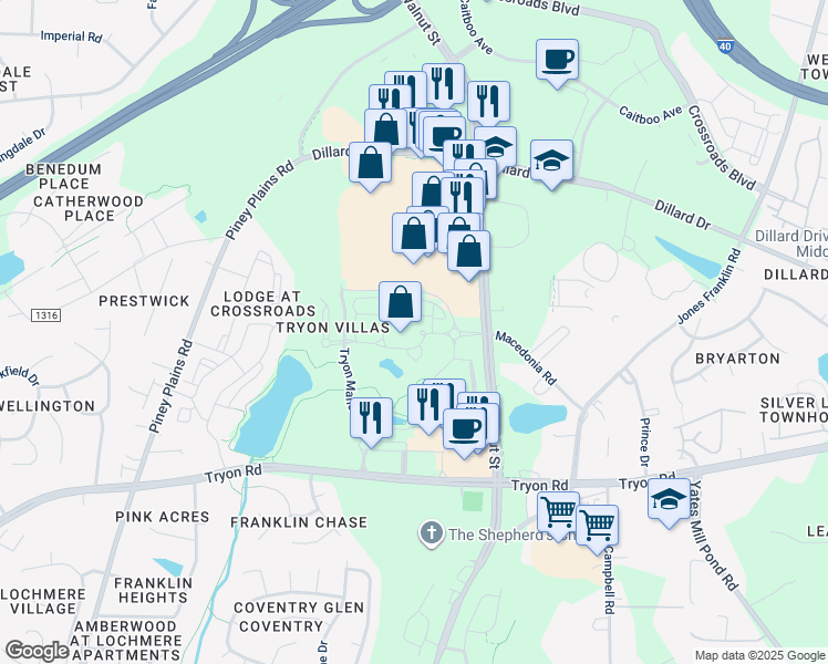 map of restaurants, bars, coffee shops, grocery stores, and more near 2000 Crossroads Manor Court in Cary