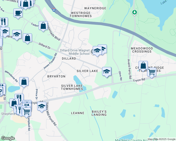 map of restaurants, bars, coffee shops, grocery stores, and more near 5115 Olivias Lane in Raleigh