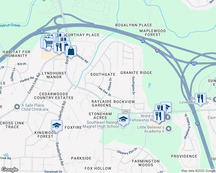map of restaurants, bars, coffee shops, grocery stores, and more near 2108 Atkins Drive in Raleigh