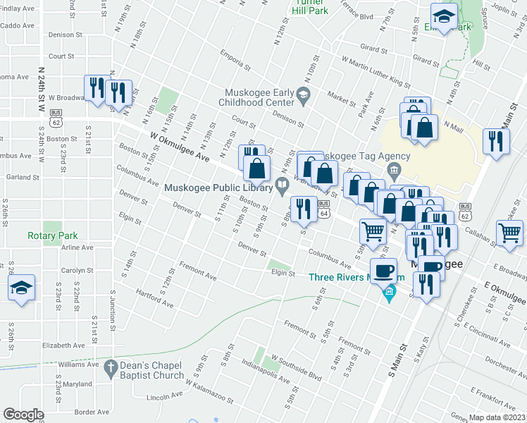 map of restaurants, bars, coffee shops, grocery stores, and more near 917 Boston Street in Muskogee