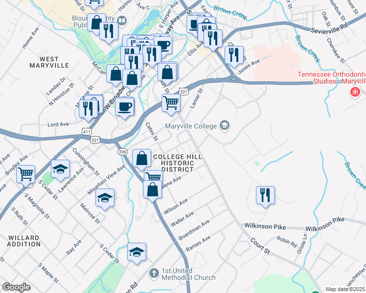 map of restaurants, bars, coffee shops, grocery stores, and more near 122 Miller Avenue in Maryville