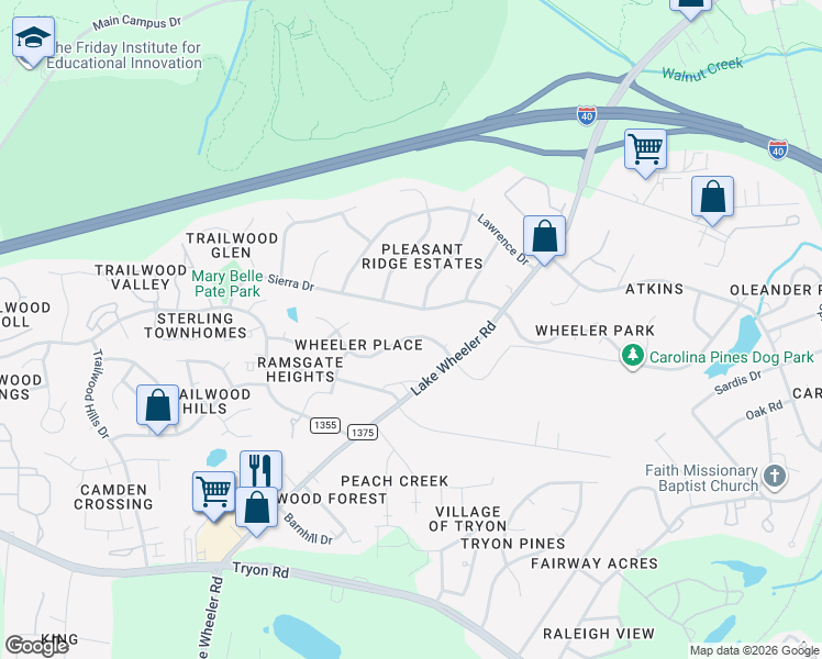 map of restaurants, bars, coffee shops, grocery stores, and more near 2217 Sierra Drive in Raleigh