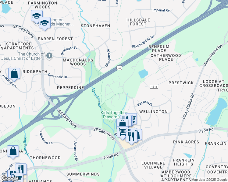 map of restaurants, bars, coffee shops, grocery stores, and more near 2212 Wellington Ridge Loop in Cary