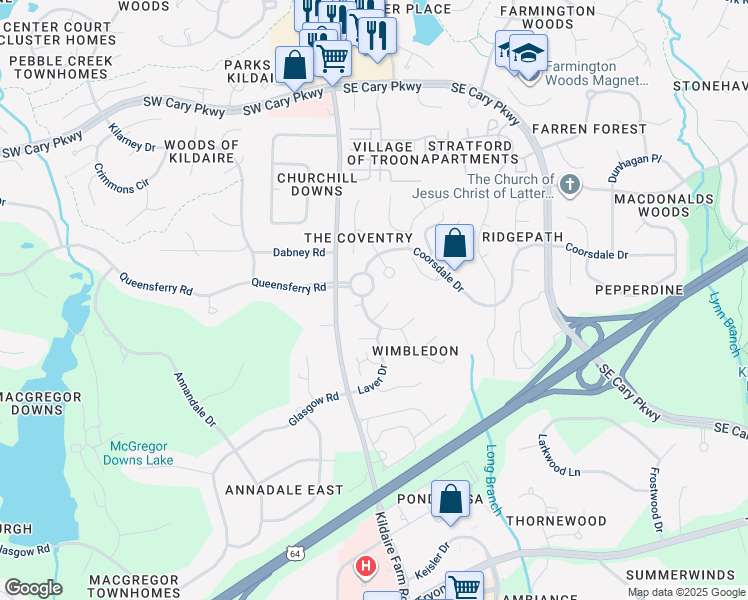 map of restaurants, bars, coffee shops, grocery stores, and more near 105 Timber View Lane in Cary