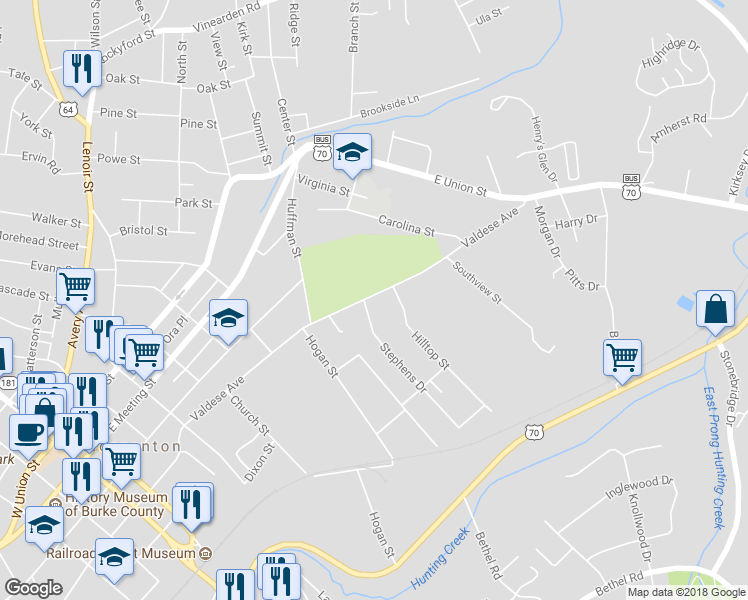 map of restaurants, bars, coffee shops, grocery stores, and more near 420 Valdese Avenue in Morganton