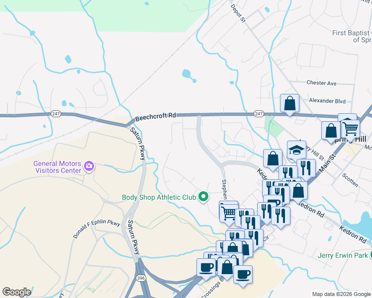 map of restaurants, bars, coffee shops, grocery stores, and more near 124 Split Rail Lane in Spring Hill