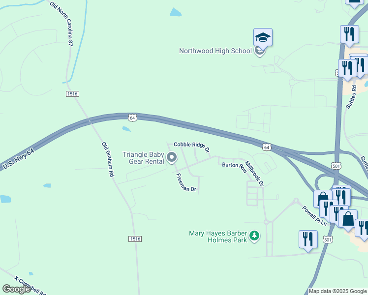 map of restaurants, bars, coffee shops, grocery stores, and more near 151 Cobble Ridge Drive in Pittsboro