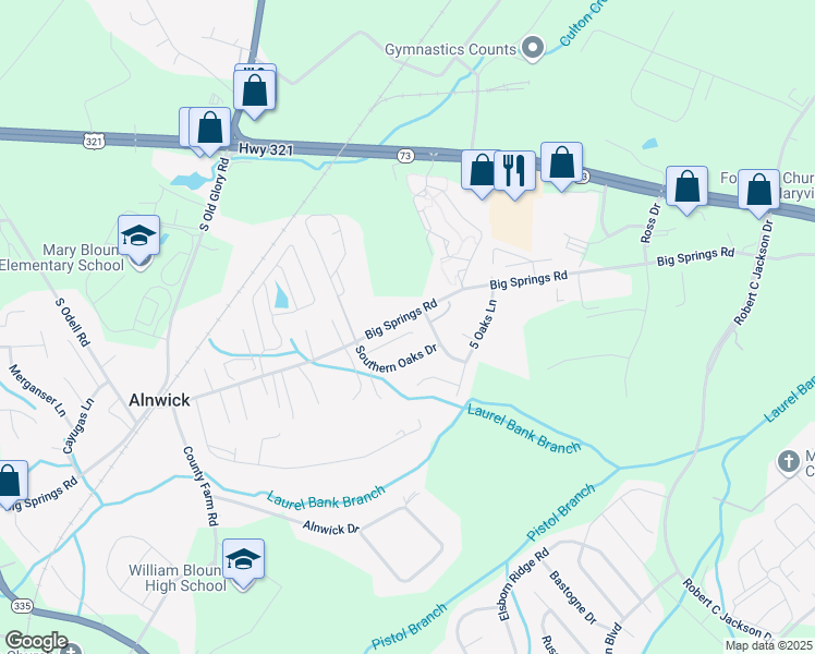 map of restaurants, bars, coffee shops, grocery stores, and more near 2104 Autumn Oak Circle in Maryville