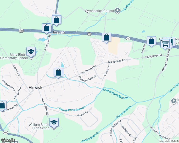 map of restaurants, bars, coffee shops, grocery stores, and more near 2104 Autumn Oak Circle in Maryville