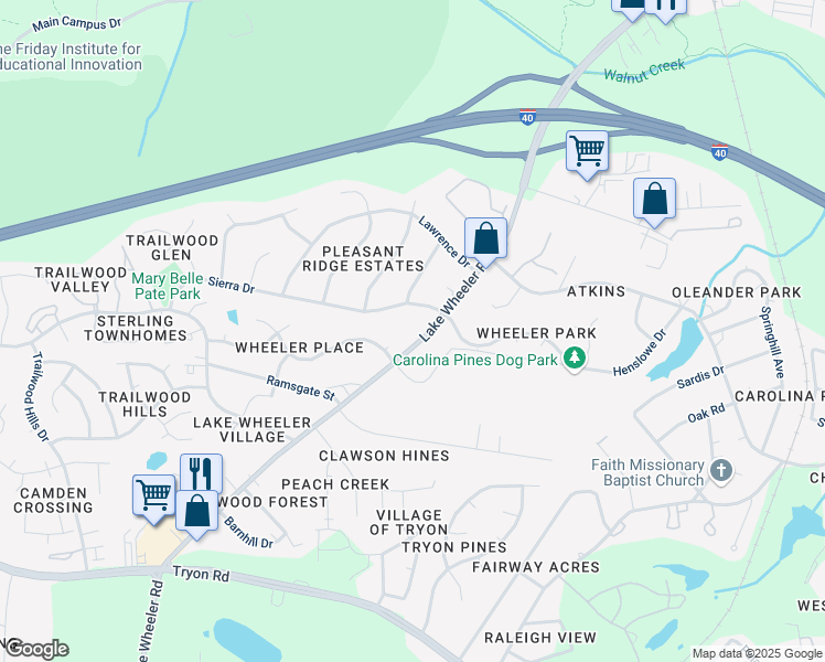 map of restaurants, bars, coffee shops, grocery stores, and more near 2200 Lake Wheeler Road in Raleigh