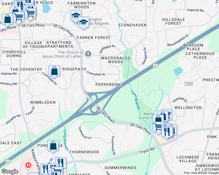 map of restaurants, bars, coffee shops, grocery stores, and more near 219 Heidinger Drive in Cary