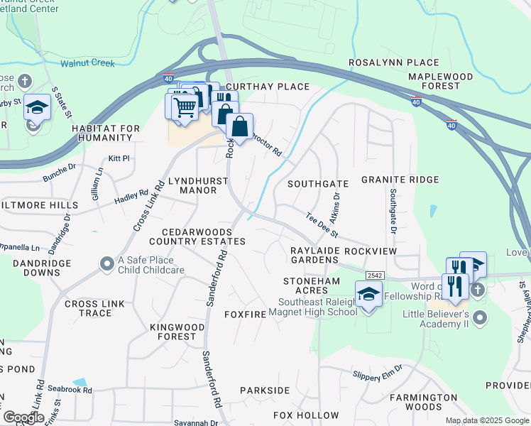 map of restaurants, bars, coffee shops, grocery stores, and more near 2020 Southgate Drive in Raleigh