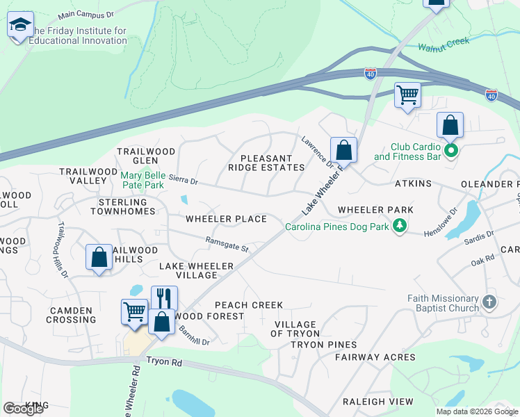 map of restaurants, bars, coffee shops, grocery stores, and more near 2217 Sierra Drive in Raleigh