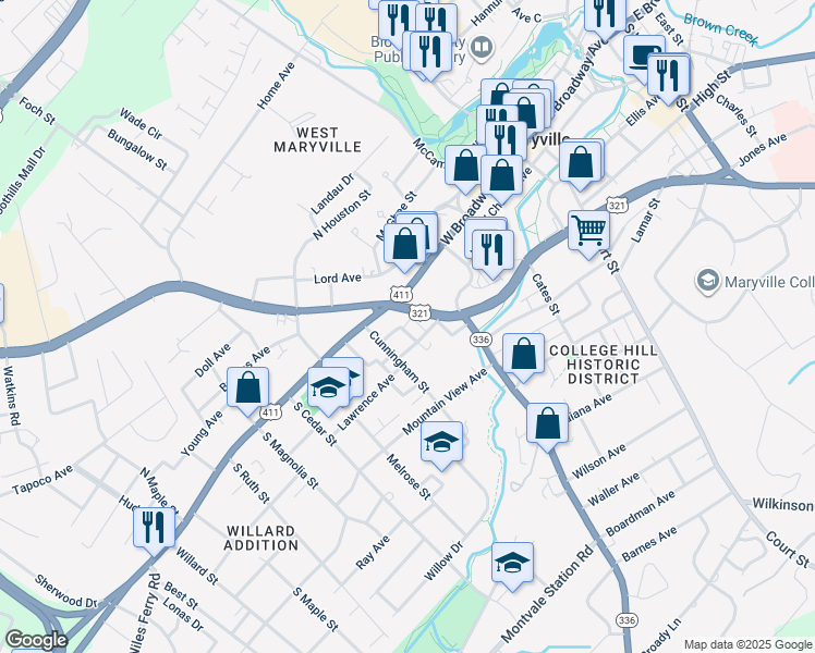 map of restaurants, bars, coffee shops, grocery stores, and more near 504 West Broadway Avenue in Maryville