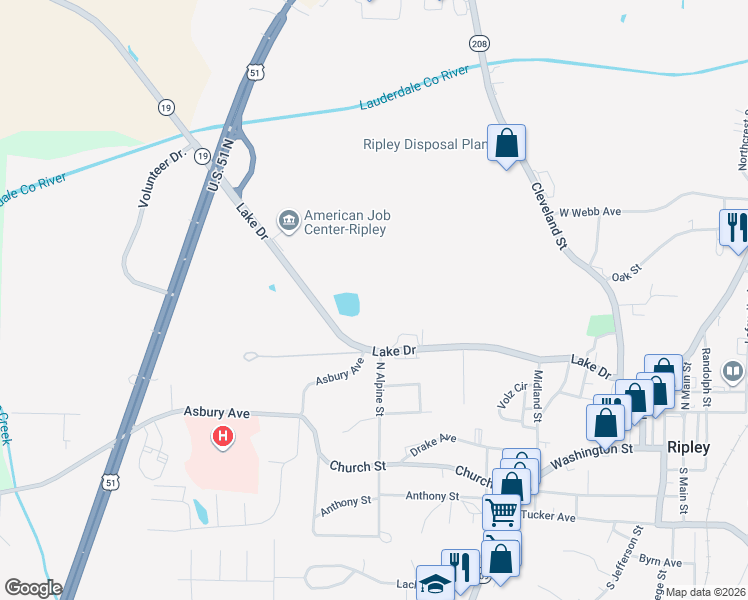 map of restaurants, bars, coffee shops, grocery stores, and more near 263 Lake Drive in Ripley