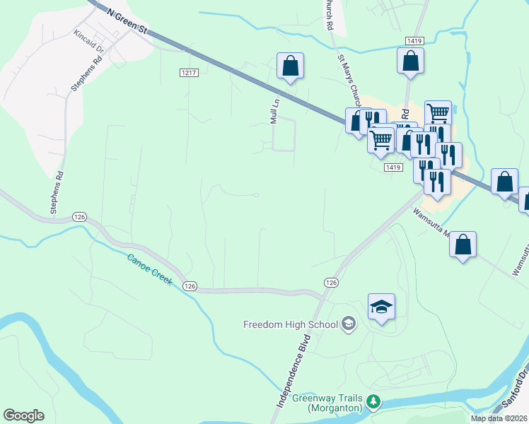map of restaurants, bars, coffee shops, grocery stores, and more near 199 Wilbur Newton Street in Morganton
