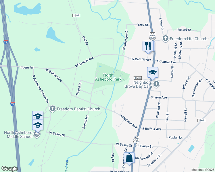 map of restaurants, bars, coffee shops, grocery stores, and more near 1853 Saddlewood Court in Asheboro