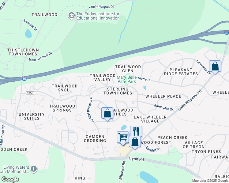 map of restaurants, bars, coffee shops, grocery stores, and more near 2111 Trailridge Ct in Raleigh