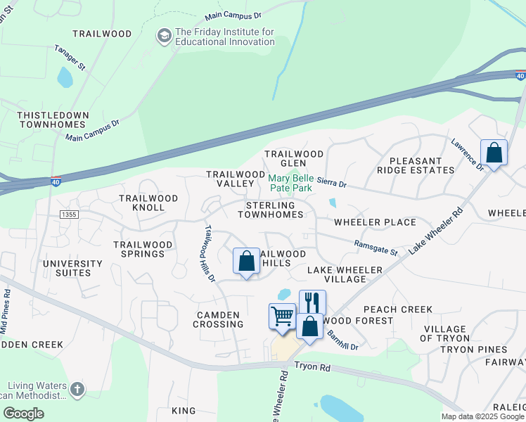 map of restaurants, bars, coffee shops, grocery stores, and more near 2111 Trailridge Ct in Raleigh