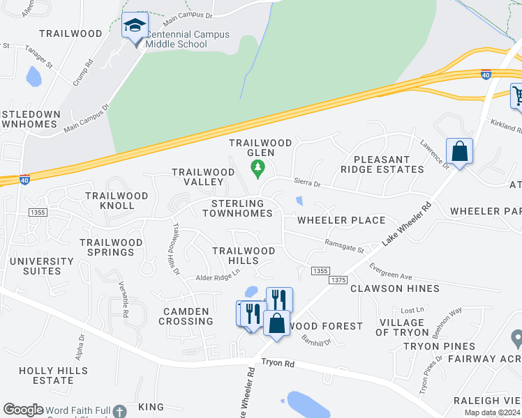 map of restaurants, bars, coffee shops, grocery stores, and more near 2684 Broad Oaks Place in Raleigh