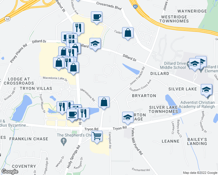 map of restaurants, bars, coffee shops, grocery stores, and more near Boxborough Drive in Raleigh