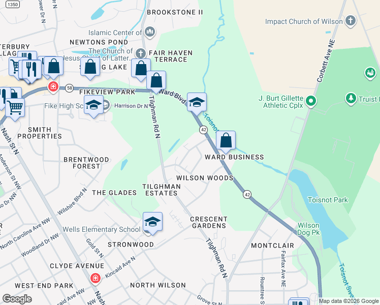 map of restaurants, bars, coffee shops, grocery stores, and more near 1709 Vineyard Drive North in Wilson
