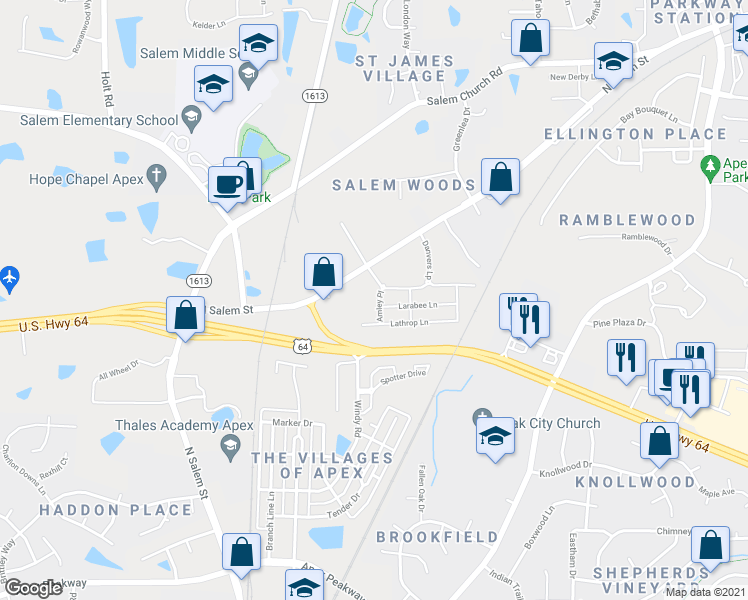 map of restaurants, bars, coffee shops, grocery stores, and more near 810 Amley Place in Apex