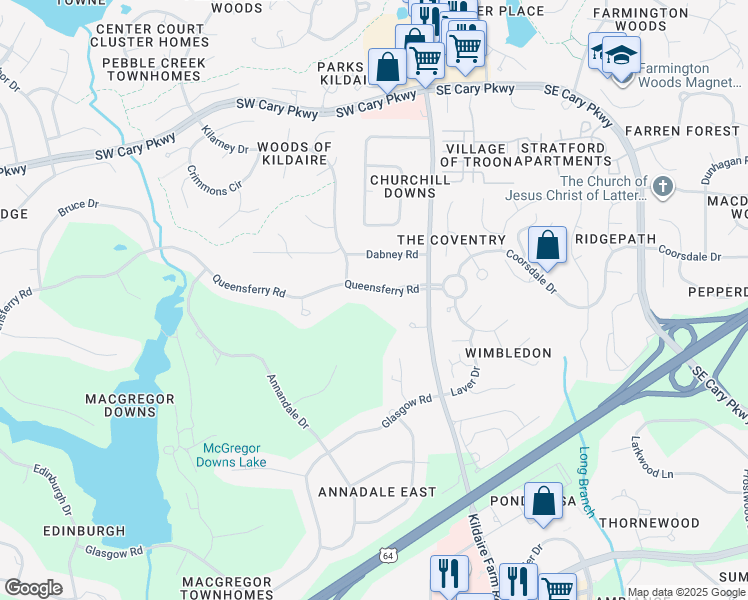 map of restaurants, bars, coffee shops, grocery stores, and more near 109 Queensferry Road in Cary