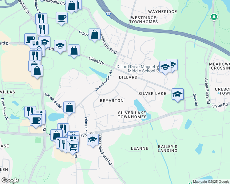 map of restaurants, bars, coffee shops, grocery stores, and more near 5501 Southern Cross Avenue in Raleigh