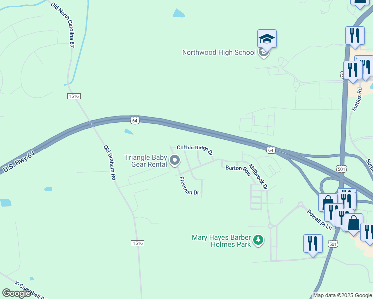 map of restaurants, bars, coffee shops, grocery stores, and more near 151 Cobble Ridge Drive in Pittsboro