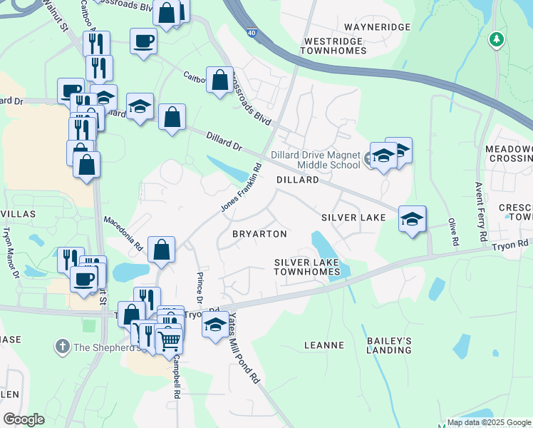 map of restaurants, bars, coffee shops, grocery stores, and more near 2301 Silver Lake Trail in Raleigh