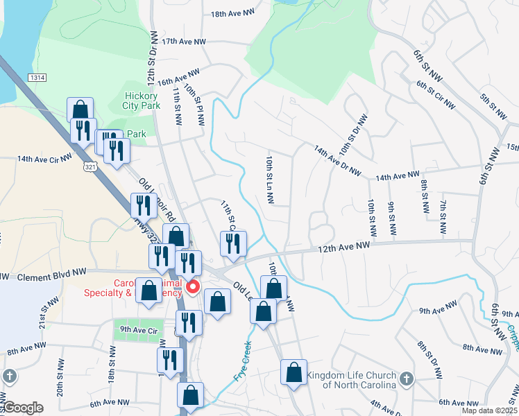 map of restaurants, bars, coffee shops, grocery stores, and more near 1227 10th Street Boulevard Northwest in Hickory