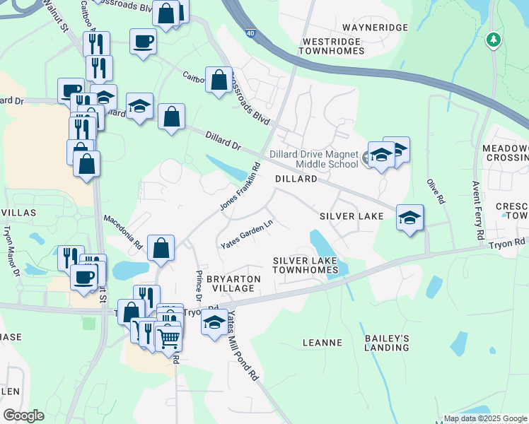 map of restaurants, bars, coffee shops, grocery stores, and more near 5501 Southern Cross Avenue in Raleigh