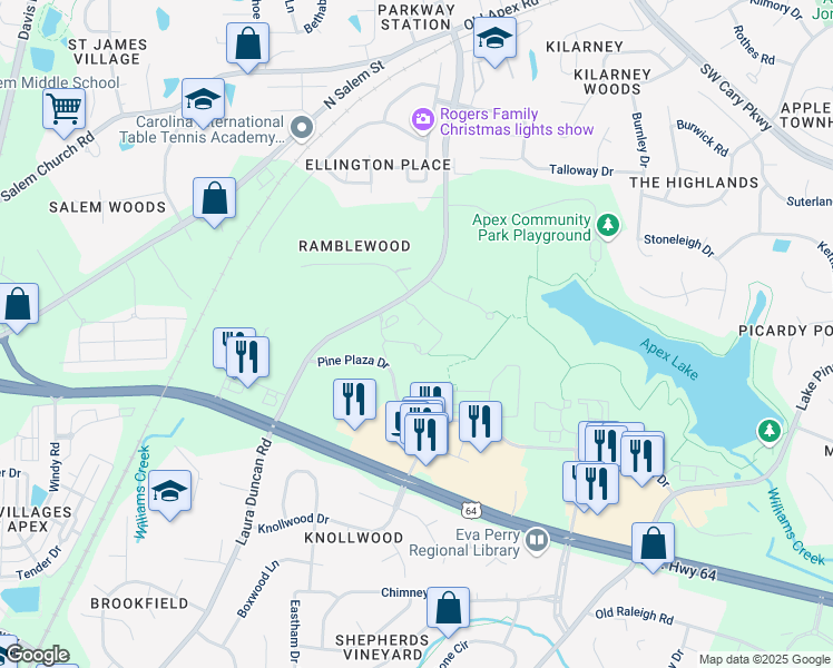 map of restaurants, bars, coffee shops, grocery stores, and more near 2030 Laura Duncan Road in Apex