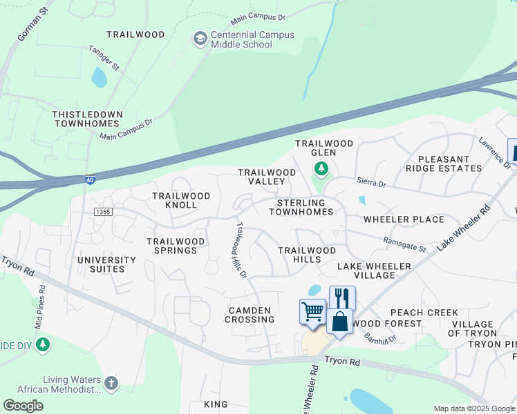 map of restaurants, bars, coffee shops, grocery stores, and more near 2221 Mountain Mist Court in Raleigh