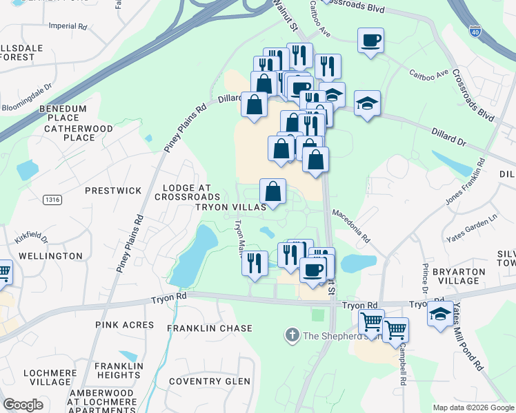 map of restaurants, bars, coffee shops, grocery stores, and more near 8104 Underwood Arbor Place in Cary