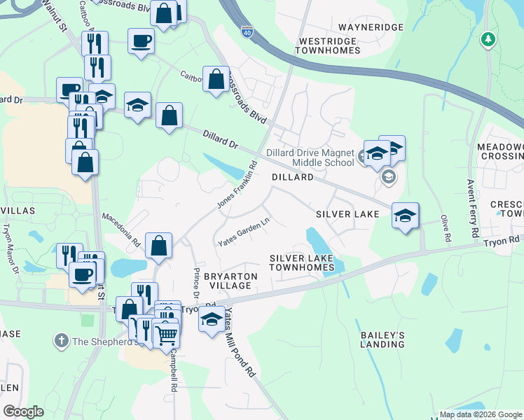 map of restaurants, bars, coffee shops, grocery stores, and more near 2301 Silver Lake Trail in Raleigh
