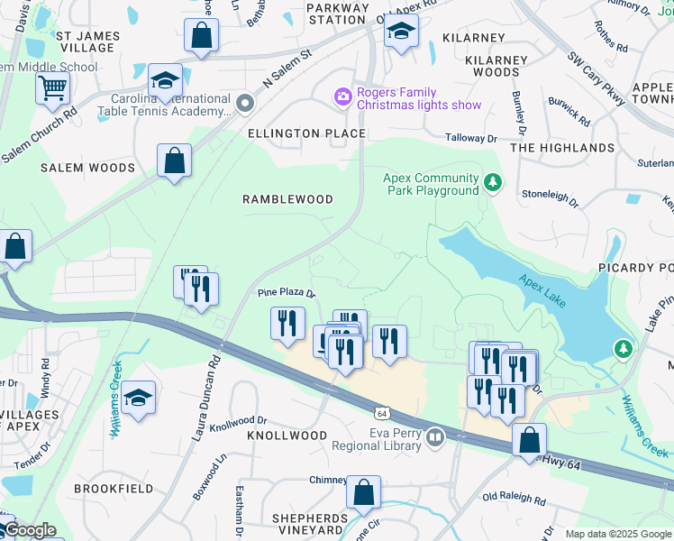 map of restaurants, bars, coffee shops, grocery stores, and more near 1000 Mills Chase Loop in Apex
