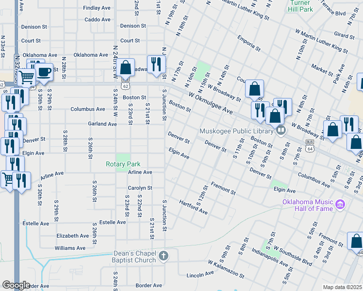 map of restaurants, bars, coffee shops, grocery stores, and more near 406 South 15th Street in Muskogee