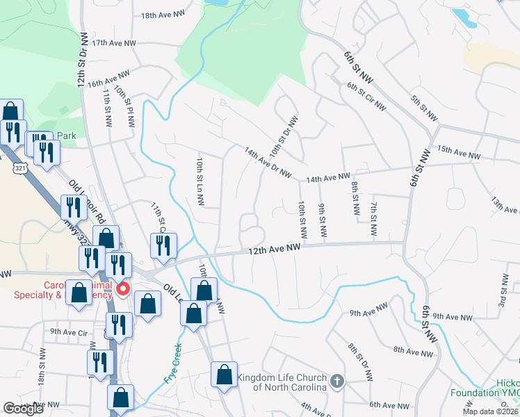 map of restaurants, bars, coffee shops, grocery stores, and more near 1322 10th Street Drive Northwest in Hickory