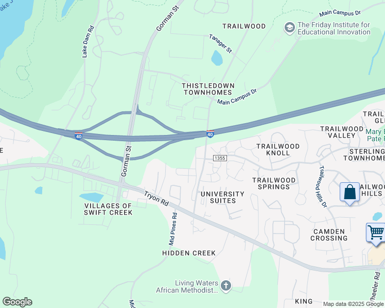 map of restaurants, bars, coffee shops, grocery stores, and more near 1901 Trailwood Drive in Raleigh