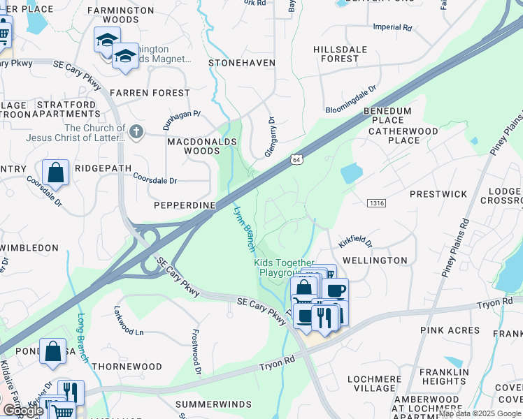 map of restaurants, bars, coffee shops, grocery stores, and more near 3413 Wellington Ridge Loop in Cary
